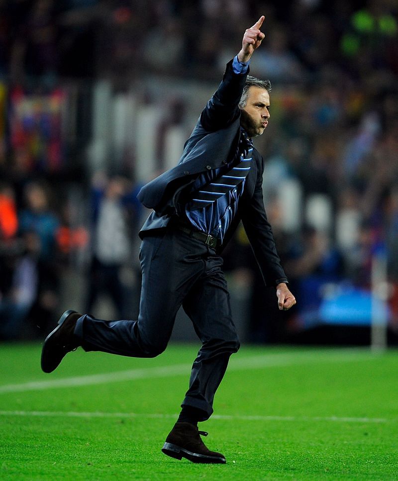 Jose Mourinho celebrates his aggregate victory over Pep Guardiola's Barcelona in the 2010 UEFA Champions League semi-final, thus exploiting a flaw in Guardiola's system. His Inter would go on to defeat Bayern Munich 2-0 in the final.